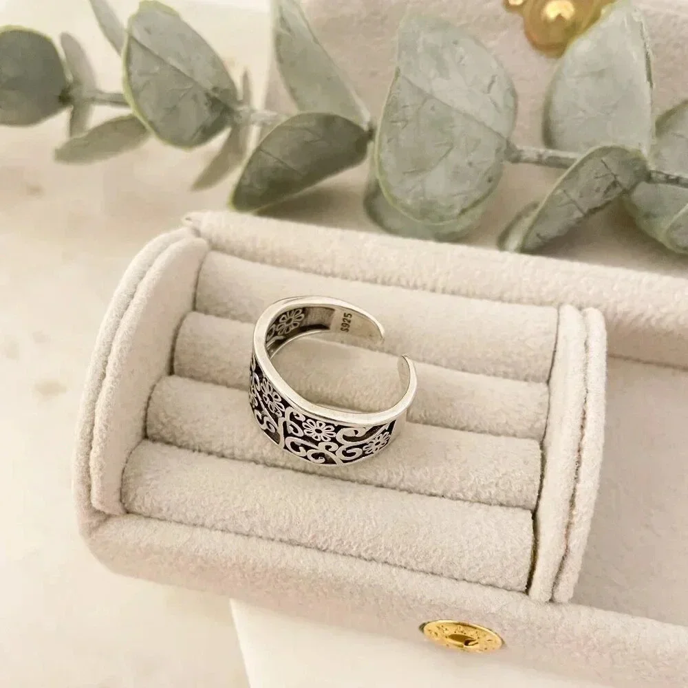 925 Sterling Silver Flower Ring Flower Cutout Ring Vintage Floral Ring Resizable